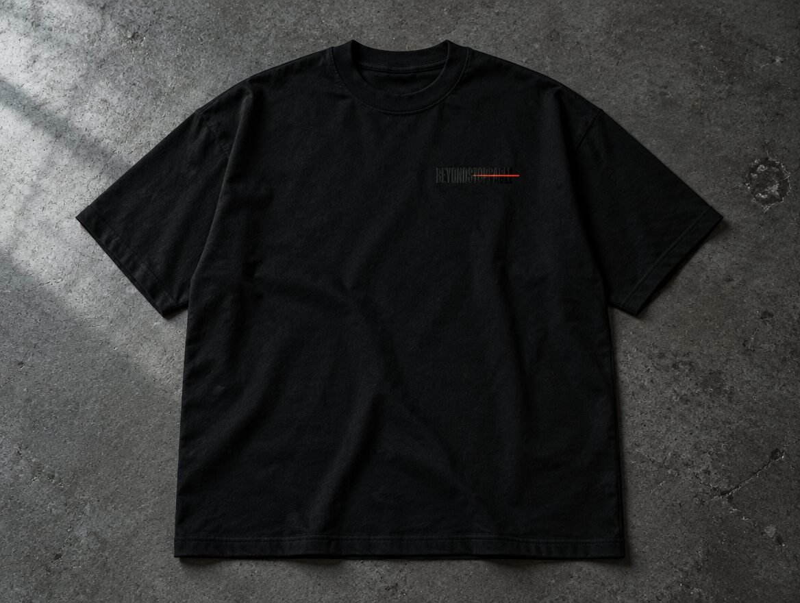 Heavyweight black boxy tee laid flat on concrete with a small tonal chest mark struck through in red