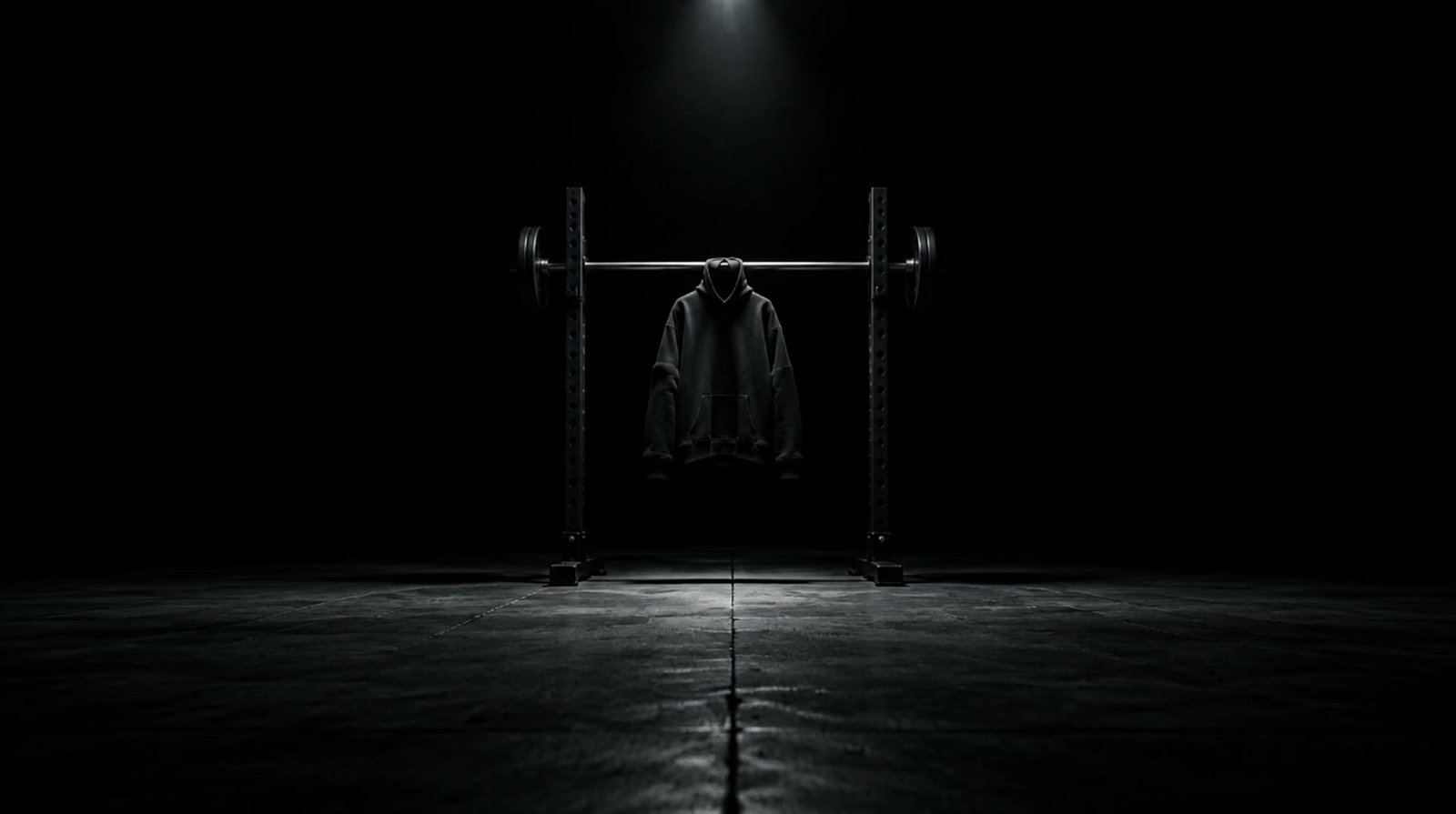 A heavyweight black hoodie hanging from a barbell in a dark gym, lit by one overhead light